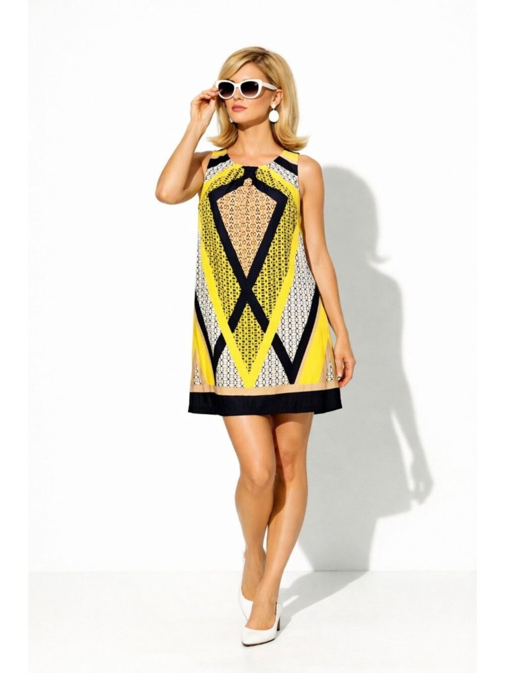 Dana Buchman Yellow/Black Geometric Retro Satin Sheath Sleeveless Midi Dress XL